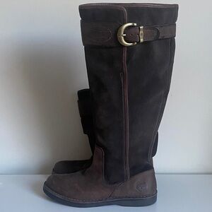 Timberland Brown Leather Knee-High Boots Size 8M Brass Buckle Detail Side Zip